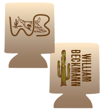 Load image into Gallery viewer, Tan William Beckmann cactus/WB skull koozie