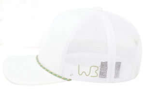 White Trucker cap with white/moss green braid
